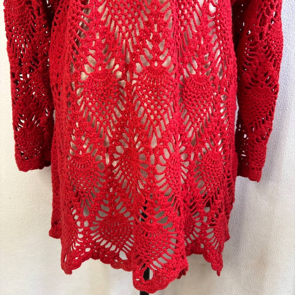 Red Open Work Knit Pullover Sweater - image 3